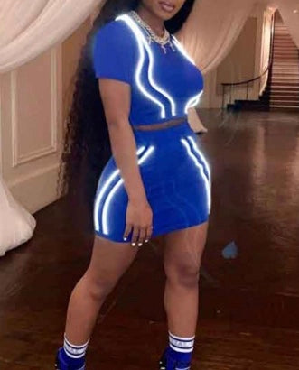 Trending Reflective Stripe Blue Mini Skirt Set