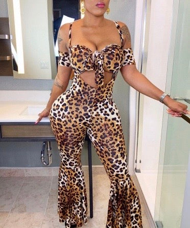 Trending Leopard Bow Tie Bra Top Flare Two Piece Jumpsuit