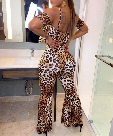 Trending Leopard Bow Tie Bra Top Flare Two Piece Jumpsuit