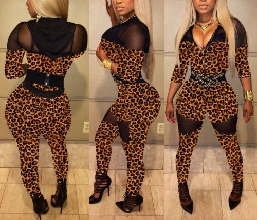 Trending Leopard Patchwork Hooded Jumpsuit