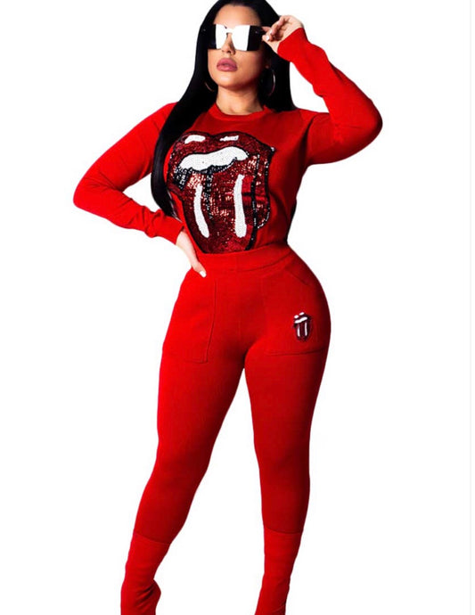 Red lips pants set